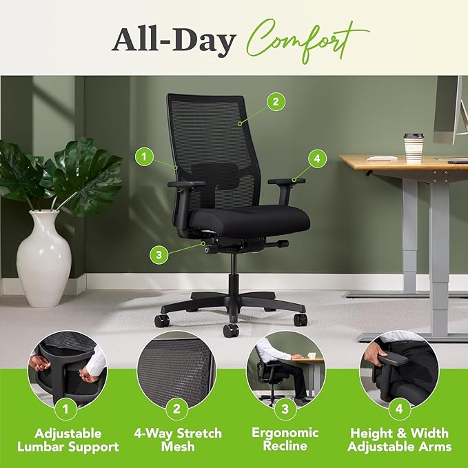HON Ignition 2.0 Mid Back Task Chair, Spectrum Mesh, Advanced Synchro-Tilt Control, Office Chair with Lumbar Support, Height and Width Adjustable Arms, Titanium Frame, Leaf