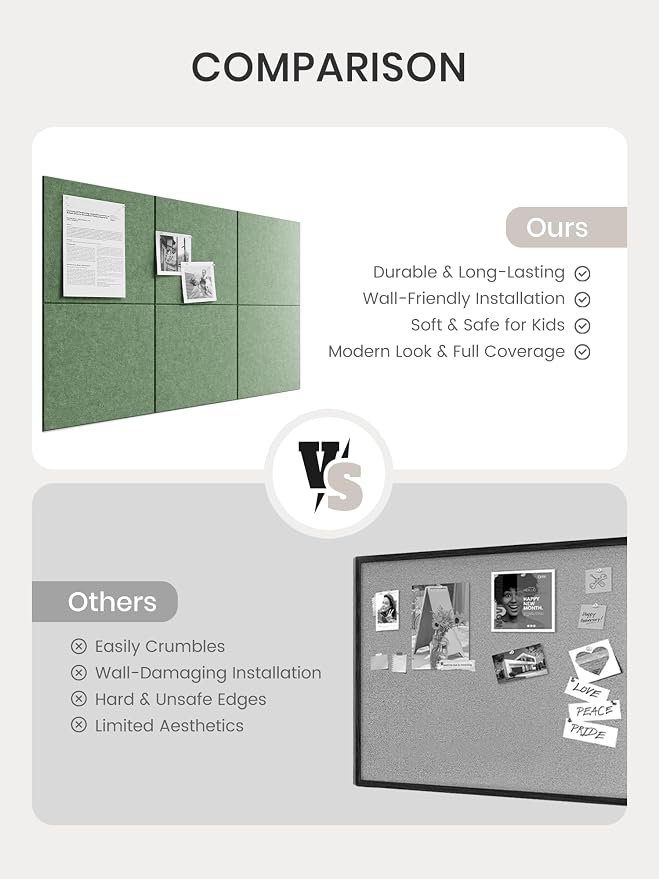 Bumusty 36" x 24" Large Cork Board Alternative, Moss Green | 6-Pack Felt Bulletin Board Tiles, 60 Adhesive Tabs, 30 Pushpins, Home, Office, Classroom, Vision Board