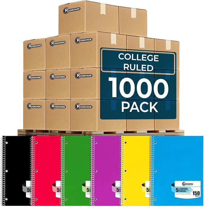 1000 Packs (Pallet) 5 Subject Notebooks, College Ruled, 300 Pages | Spiral Notebook Bulk, 3 Hole Punched, 150 Sheets, 8 x 10-1/2", Bulk Spiral Notebooks for School Districts, 4-7 Days Transit