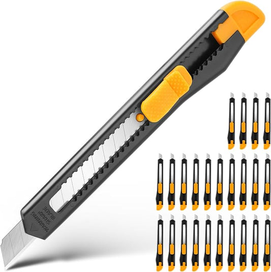 24 Pack Box Cutter Retractable, 9mm Razor Knife, Utility Knife | Snap-off blades, exacto knife and box opener for boxes, cartons, cardboard, paper, vinyl and rope for home, office and school