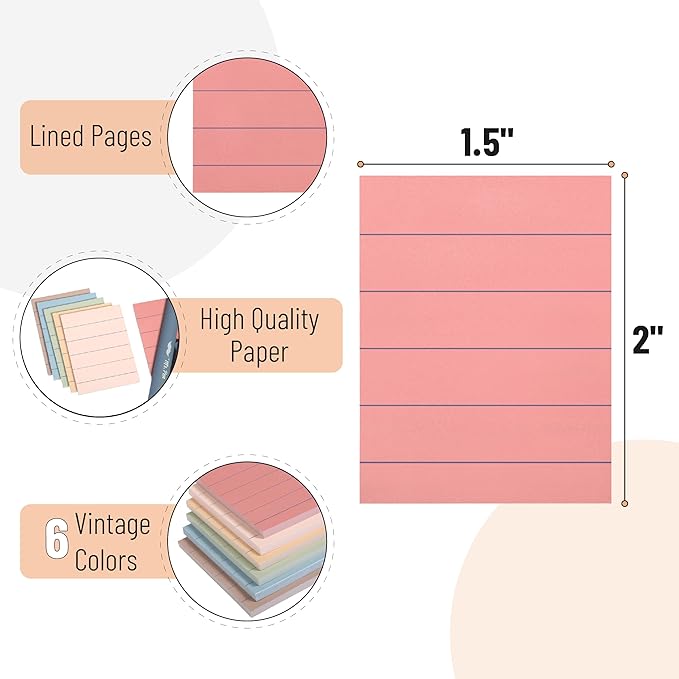 Mr. Pen- Lined Sticky Notes, 1.5"x 2", 6 Pads, 60 Sheets/Pad, Vintage Colors, Small Sticky Notes with Lines, Sticky Note Pads, Mr Pen Sticky Notes Small, Stocky Notes for Bible Journaling