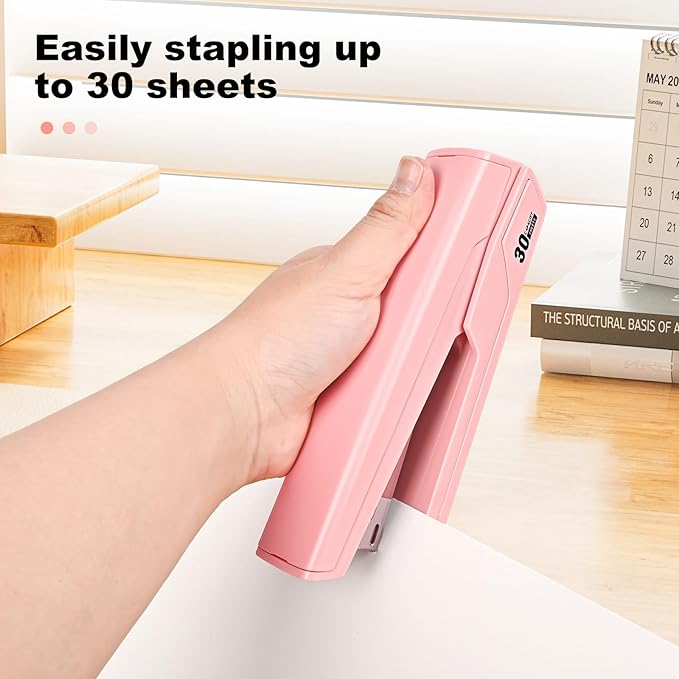 Metal Stapler with 830 Staples, Office Stapler, Staplers for Desk, 30 Sheet Capacity, Non-Slip, Pink