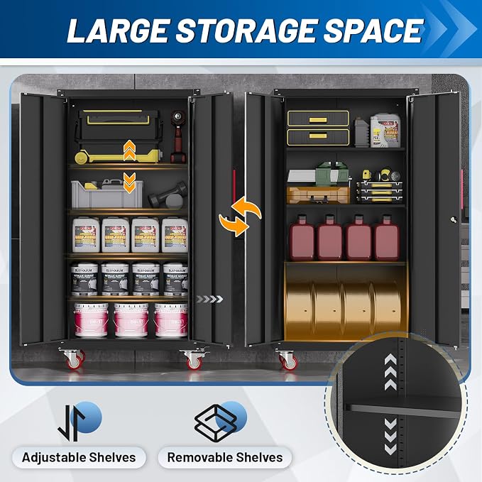 Metal Storage Cabinet with Wheels,71"Garage Cabinets with Lock Door | Heavy-Duty Garage Tool Cabinet with 4 Adjustable Shelves,Garage Cabinet and Storage System for Garage,Home,Shop,Office