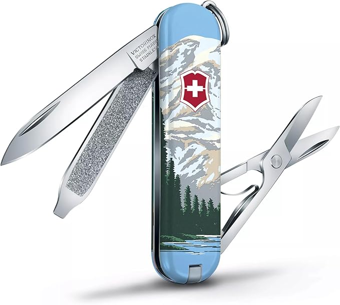 Victorinox Classic SD Swiss Army Knife, Compact, 7 Functions, Swiss Made Pocket Knife with Small Blade, Screwdriver and Key Ring - Mt Rainier National Park