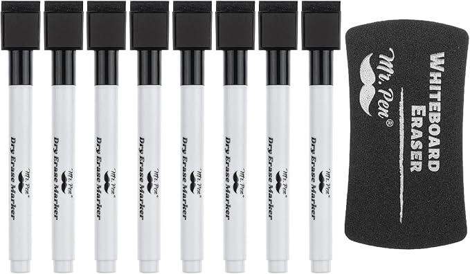 Mr. Pen- Magnetic Dry Erase Markers, 8 Pack with Eraser, Fine Tip Black Dry Erase Pens with Magnet