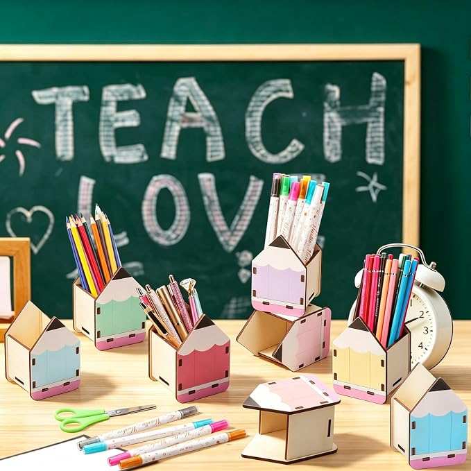 AWIZOM 8 Pcs Pencil Shaped Holders Wooden Pen Storage Dispenser Organizers | Wood Desktop Stationery Pot Bulk for Teacher Appreciation Gifts Classroom Back to School Office Desk Organization,8 Colors