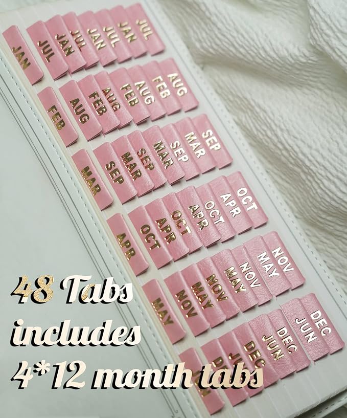 UPAFEXXI-Leather Monthly Tabs, 48 Pcs Planner Tabs(Pink) | Calendar Month Stickers for Planners, Organizing and Sorting out Notebooks