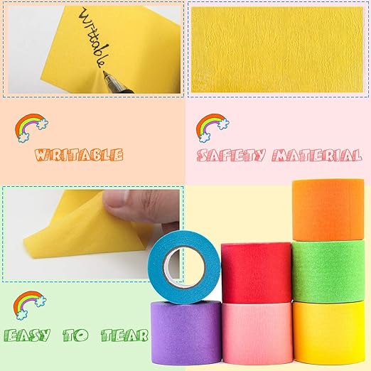 Painters Tape 2 Inch - Rainbow Colored Wide 7 Pack X 16 Yards - Colorful Masking Tape for Kid Craft Tape, Multi Color Labeling & Classroom Floor Decorative