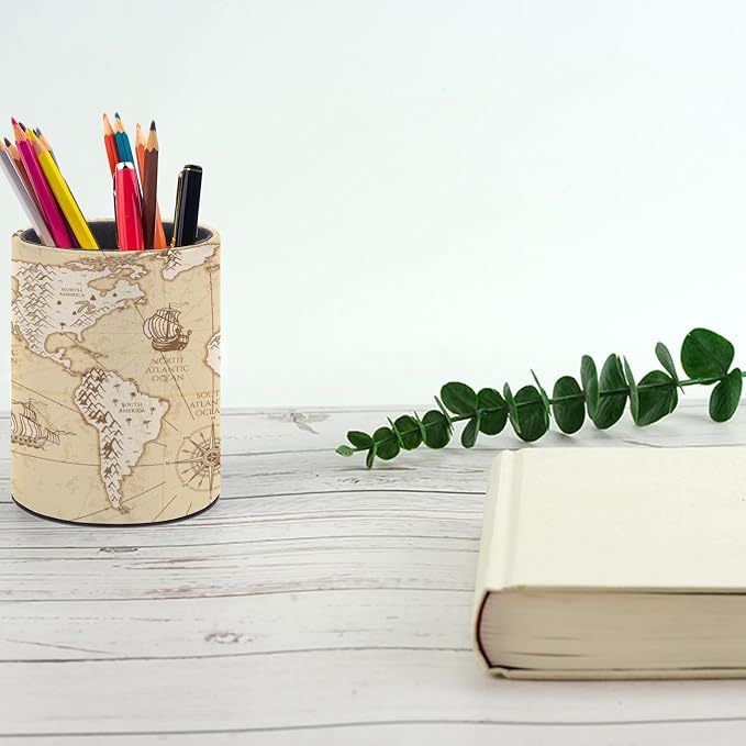 Vintage World Map Pen Holder Pencil Cup for Desk Organizer | Cute Makeup Brush Holder PU Multifunctional Office Suppliesfor Decor Home Classroom School