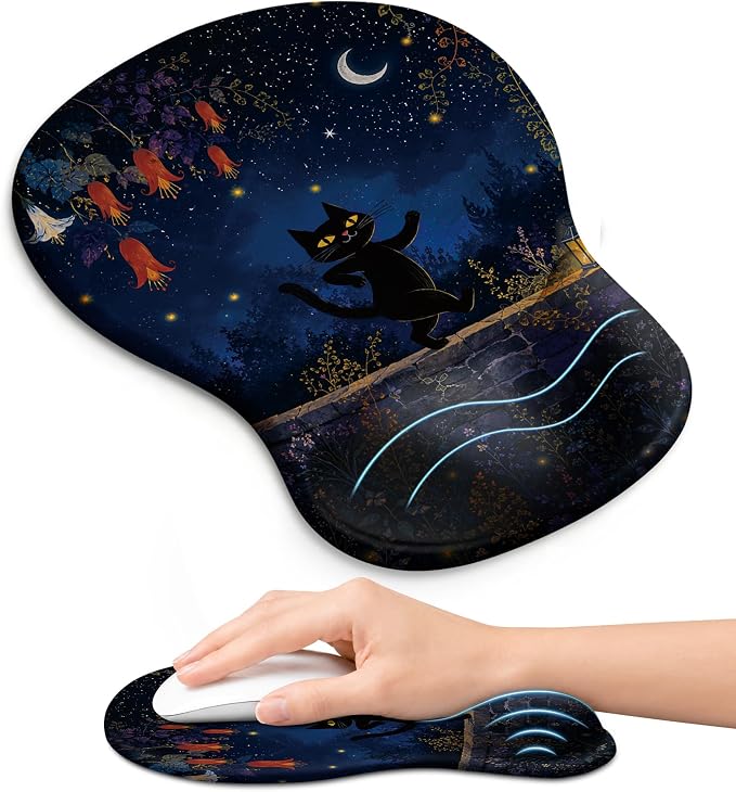 Ergonomic Mouse Pad with Wrist Rest, Gel Wrist Support, Starlit Cat | 10.2 x 7.6 in Mouse Pad with Smooth Fabric Surface and Non-Slip Rubber Base for Office, Home, Study, and Gaming