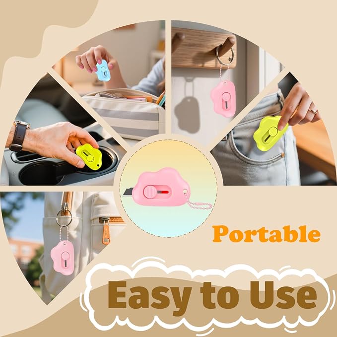 4-Pack Cloud Retractable Box Cutters with Key Rings | Mini letter openers with retracting stainless steel blades; ABS bodies; four colors; for packages, envelopes, and tape
