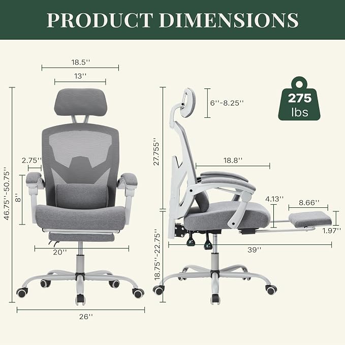 Ergonomic Office Chair with Footrest, Computer Gaming Chair | Adjustable Headrest, Lumbar Support, Swivel Reclining, Padded Armrest, Mesh High Back, Home Desk Work Study, Grey