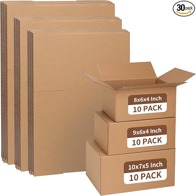 ZBEIVAN Shipping Boxes Mailers Assorted Sizes 10x7x5, 9x6x4, 8x6x4 inches Corrugated Cardboard Small Packing Kraft Moving Mailing Box, Pack of 30