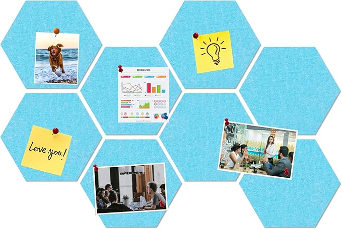 Large Hexagon Felt Cork Board Tiles, Self Adhesive DIY Felt Bulletin Board Pin Board with 35 Pushpins for Office School Home Wall Decor Stickers Memos Photos Display(Sky Blue)