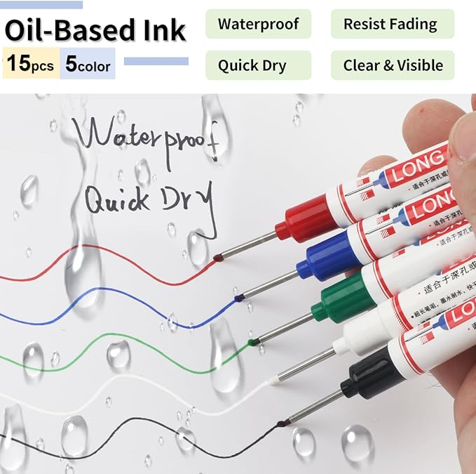 15 Pcs Long Nib Marker, 20 mm Long Head Deep Hole Marker Pens, Fine Nose Tip Deep Reach Permanent Paint Markers for Metal, Marking Pen for Drilling, Carpenter, Woodworking, Construction (Colorful)