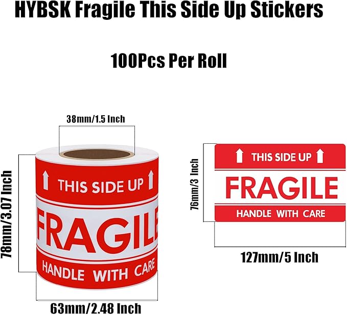 Hybsk This Side Up Fragile Stickers 3x5 inch Handle with Care Shipping and Packing Warning Adhesive Label 100 Per Roll (3x5 inch)