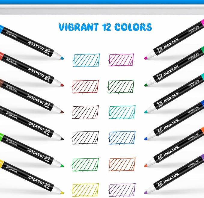 maxtek Magnetic Whiteboard Markers - 12 Count Colorful Fine Tip Dry Erase Markers with Eraser for Kids, Low Odor Thin Markers for Calendar Boards