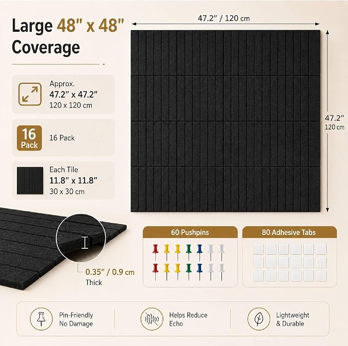 48"x48" Large Felt Bulletin Board Tiles for Wall, 16 Pack, Black | with Pushpins & Adhesive Tabs, No-Drill Installation, for Home or Office Wall Decoration and Protection, Freely DIY Projects