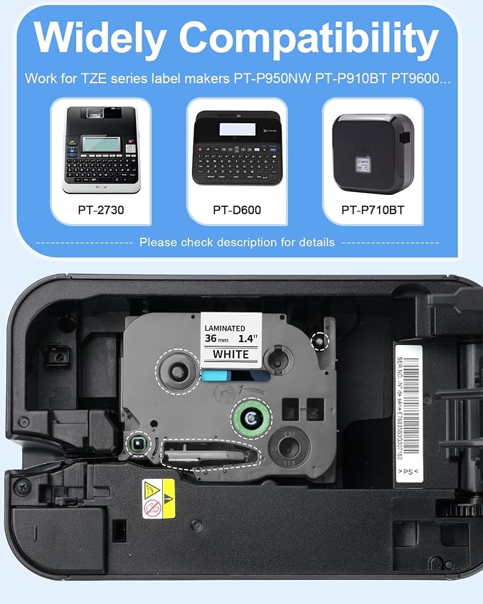 TZe-261 Compatible with Brother P-Touch Label Tape Tze Tape 36mm 1.5 in | Black On White TZ Laminated for PT-P910BT PT-950NW PT-9600 Label Maker Refills 36 mm, 1 1/2" x 26.2' (8m), 4-Pack