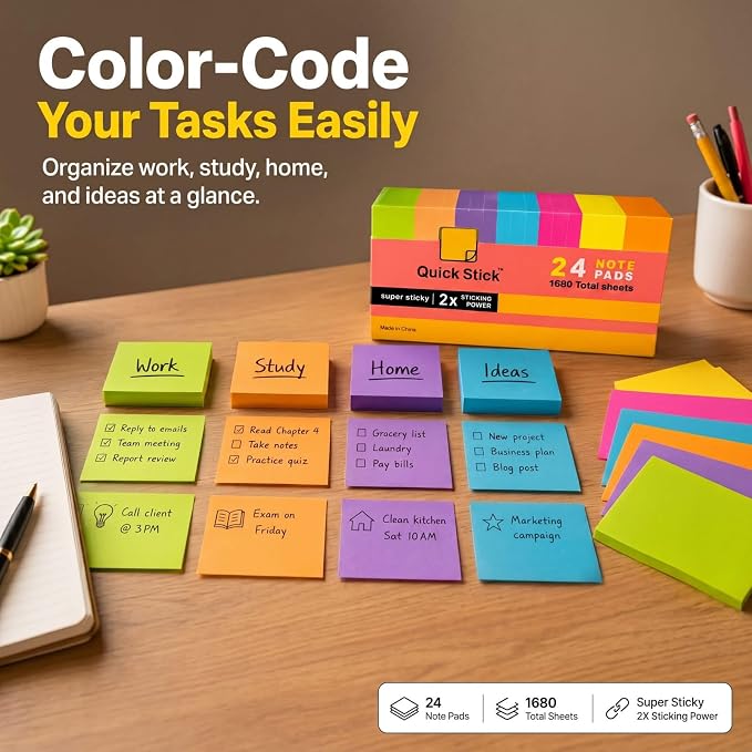 Sticky Notes, 24 Pads, 1680 Sheets Total, 3x3 in Bright Neon Colors, 2X Super Sticky Self-Stick Note Pads for Office, School, Home, Bulk Pack 70 Sheets Per Pad, Strong Hold Memo Notes
