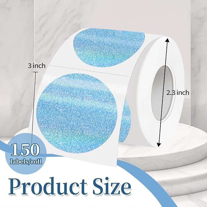 3 Inch Holographic Thermal Labels,Round Thermal Printer Labels,Waterproof Thermal Printer Stickers for DIY Logo Design,Name Tag,QR Code,Thanks Card 150 Labels/Roll (Blue dots)