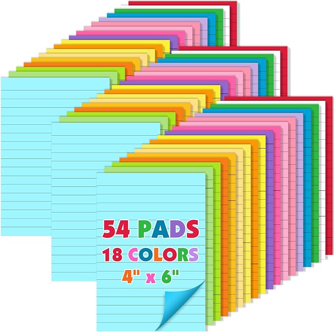 54 Pads Lined Sticky Notes, 18 Colors 4in x 6in Self Stick Note Pads, Strong Adhesive Sticky Note with Lines, Large Sticky Notes for School, Home, Office, 24 Sheets/Pad
