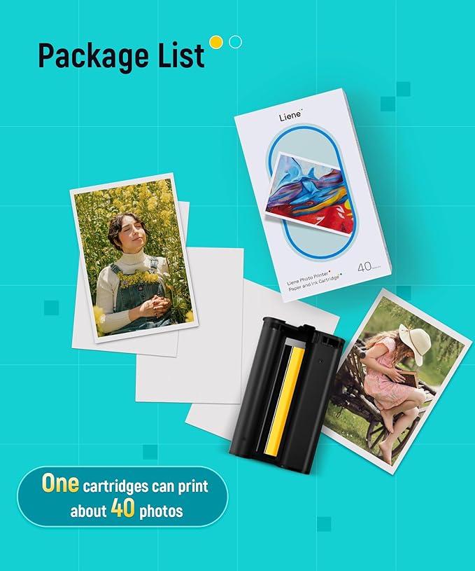 Liene Amber M100/M200/M110/M210 4x6'' Photo Printer Paper & Cartridge, 1 Cartridge Refill & 40 Photo Papers- 40 Pack Only for DHP512/DHP513/DHP514/DHP515
