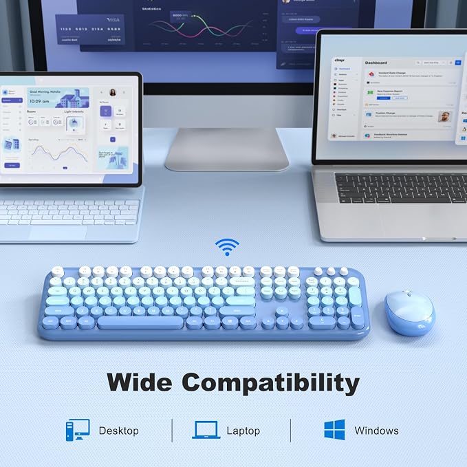 MOFII Wireless Keyboard and Mouse Combo, Computer Full Size 2.4G Plug and Play Wireless Typewriter Retro Round Keyboard and Mouse Set for Windows, Computer, Desktop, PC, Notebook - (Light Blue)
