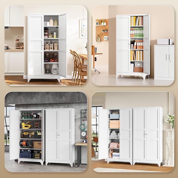 Metal Storage Cabinet with 2 Doors and 4 Adjustable Shelves - 71" White Kitchen Pantry Storage 4-Tier Tall Steel Cabinets Locker for Kitchen, Living Room, Dining Room
