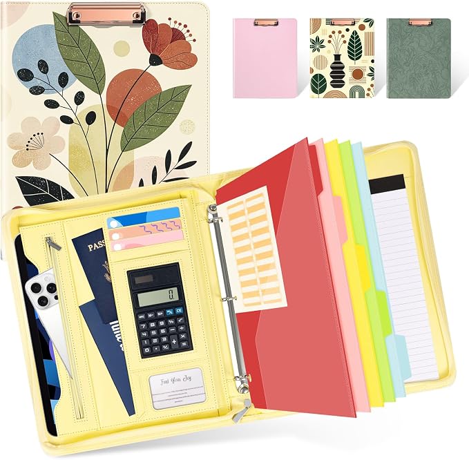 Ospelelf Vintage Leather Portfolio Binder 3 Ring, Zippered Clipboard Folder with Storage - 5 Dividers with Pocket, Padfolio for Women,12.1” Tablet Sleeve, Refillable Notepad, Card Slot