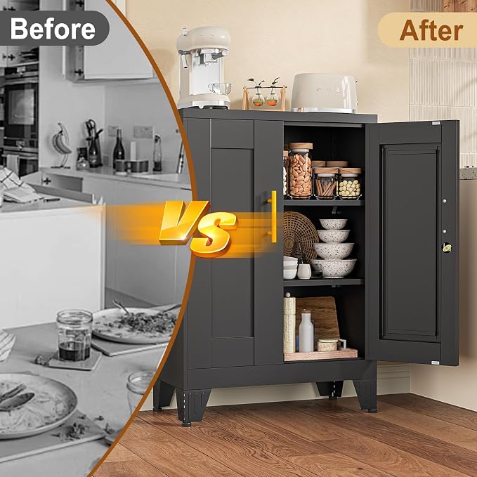 36" Metal File Garage Storage Cabinet with Lock,Lockable Office File Cabinet with 2 Doors and 2 Adjustable Shelves,Outdoor Steel Locker Organizer for Home Office,Gym,School,Warehouse(Black)
