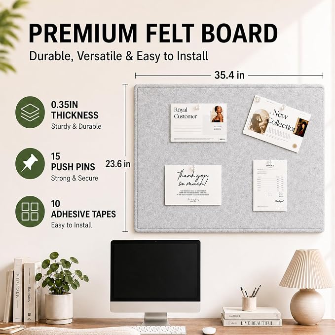 Felt Bulletin Board for Wall 36" x 24" Unfolded Size, Frameless Felt Pin Board, Soft Cork Board Alternative for Office, Home Planning, Notes, Photos & Wall Decor, Foldable Shipping, Easy Install