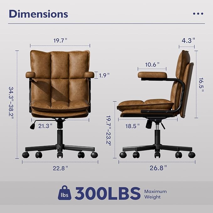Mid Century Modern Desk Chair, Vintage Leather Office Chair, Brown | Petite Computer Chair for Small to Medium Women, Thickened Back, Cozy Seat, Adjustable Height for Home