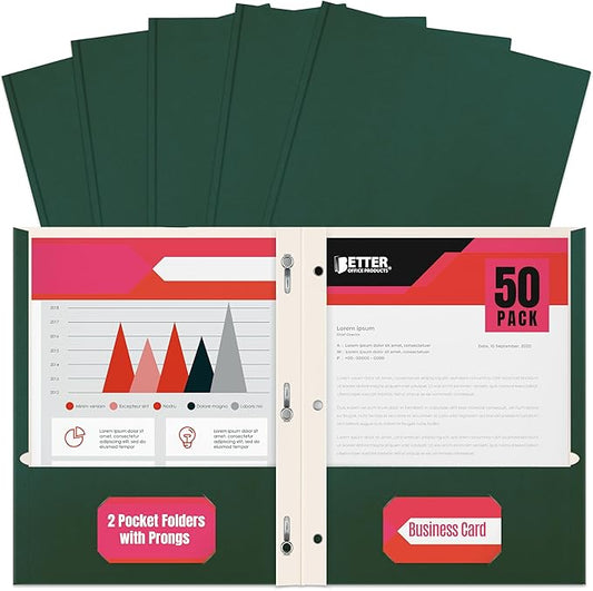 Better Office Products Dark Green 2 Pocket Folders with Prongs, 50 Pack, Letter Size, Matte Texture, 8.5 x 11 Inch