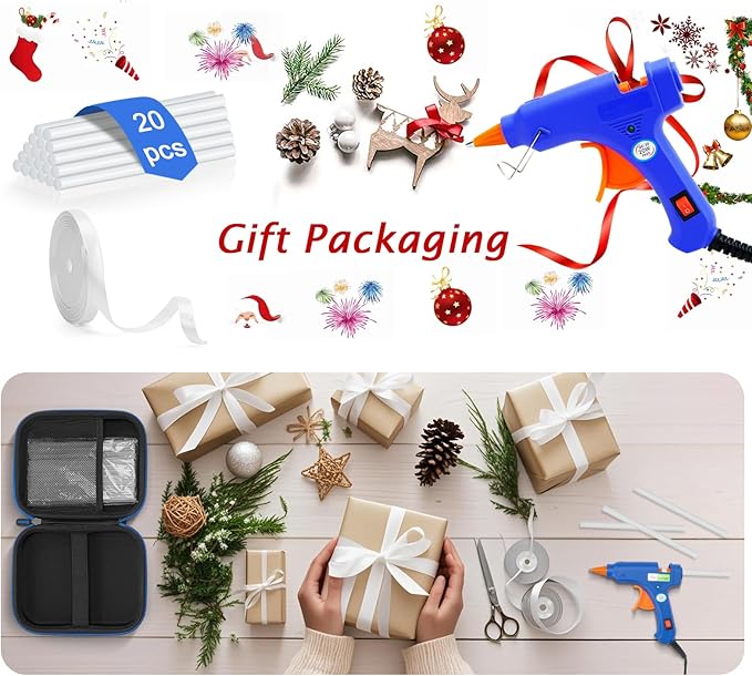 Hot Glue Gun Kit with 20 Glue Sticks and Double Faced White Ribbon, 3/8" x Continuous 25 Yards, Hard Shell Carrying Case, White Satin Ribbon Use for Bows Bouquet,Balloons,Gift Wrap,Floral Arrangement