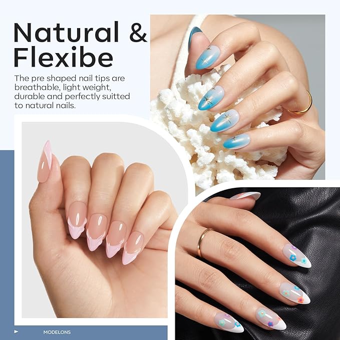 modelones X Nail Gel Kit Kit Medium Almond, 9-in-One Nail Glue with Portable U V Lamp 216Pcs 12Sizes Pre-Etched Press ons Fake Acrylic Extension Kit DIY Salon Gift for Women