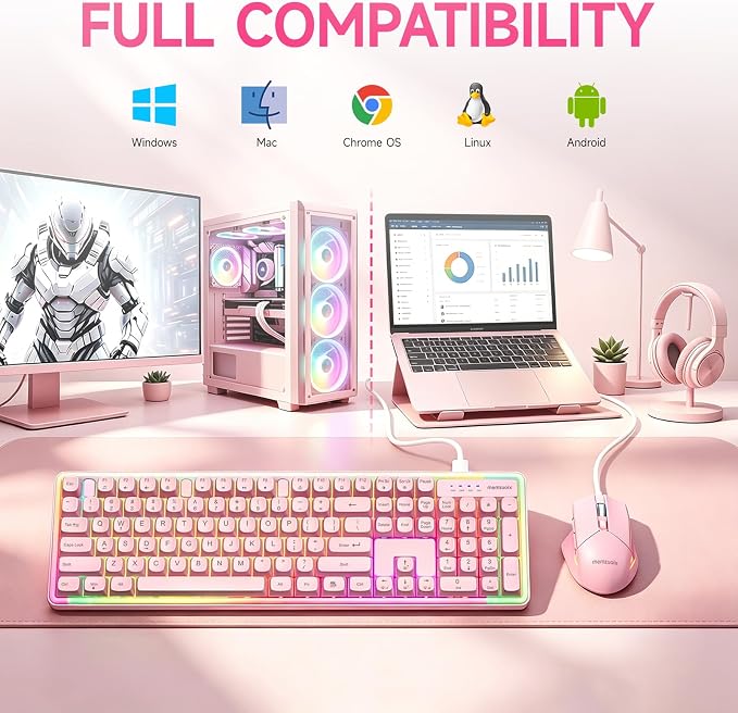 Wired RGB Keyboard and Mouse Combo, Rainbow Backlit, 104-Key Full-Size with Numpad, 6400 DPI Ergonomic High-Precision Mouse, USB Plug & Play, for PC Laptop Mac Windows Mac Office Gaming (Pink)
