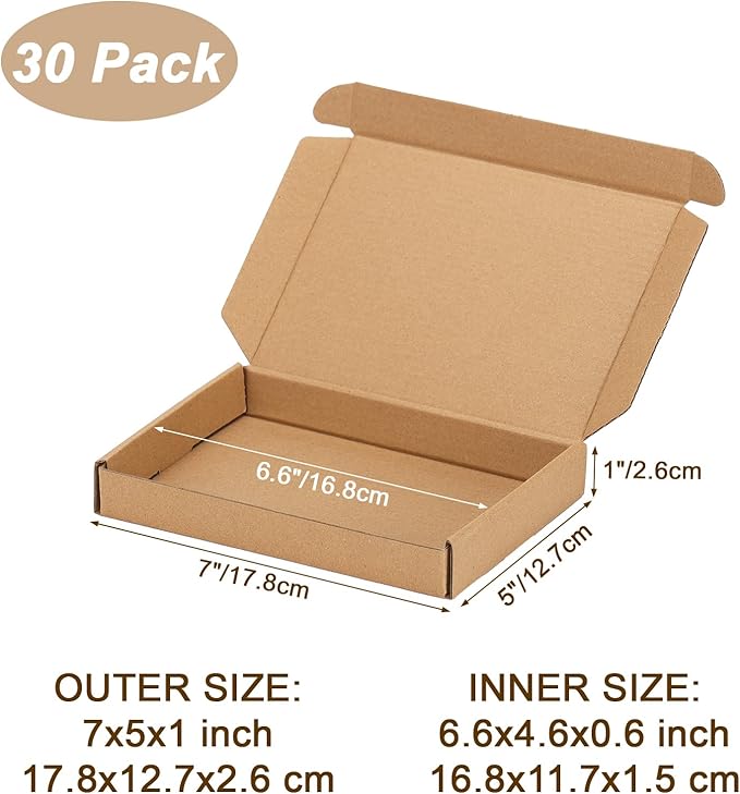 7x5x1 inch Shipping Boxes Set of 30 Brown, Inner Size 6.6x4.6x0.6 inch Cardboard Box Mailers for Small Business Packaging Mailing or Gift Wrapping Giving