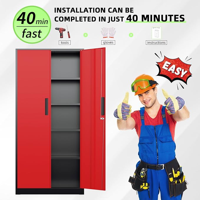 Metal Storage Cabinet, 72" Locking Steel Cabinets with 2 Door and 4 Adjustable Shelves, Tall Metal Cabinet for Home Office, Garage, Warehouse, Black Red