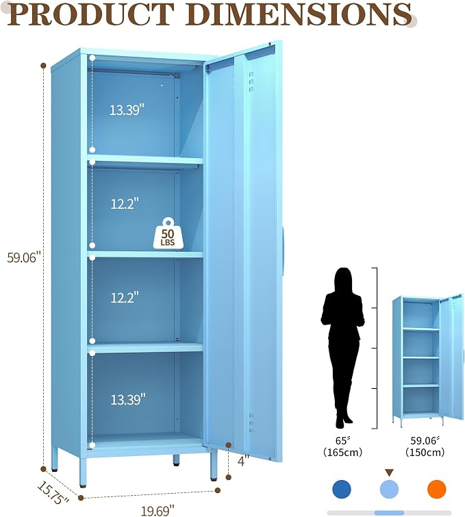 Metal Locker Storage Cabinets 59.06"H Sky Blue Locking File Cabinets Kitchen Food Pantry Cabinet with 2 Doors and Shelves for Dining Room, Living Room,Bathroom Office,Home,Garage, Gym, School