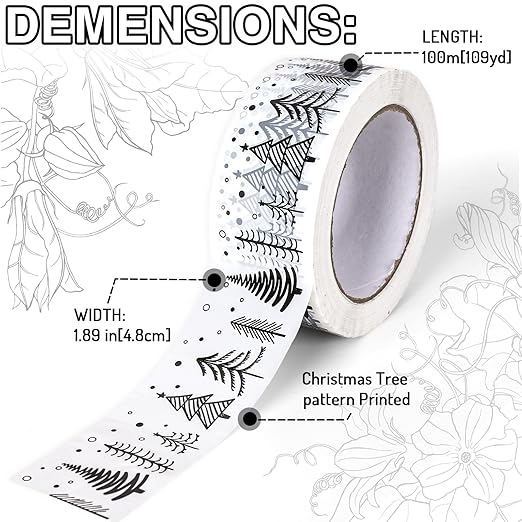 Whaline Christmas Packing Tapes Xmas Tree Printed Tape Waterproof Packing Shipping Tape Decorative White Gift Wrapping Tape for Small Business Gifts DIY Crafts Box Cartons Decor,1.89 in x 109yd
