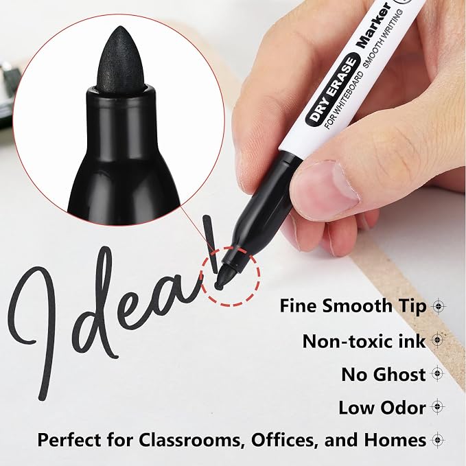 SFAIH Fine Tip Dry Erase Markers, 100 Pack, Black, Low Odor, Non-Toxic | Easily Erases, Perfect for Whiteboards & Non-Porous Surface, Bulk Supplies for Offices, School, Meetings & Corporate Training