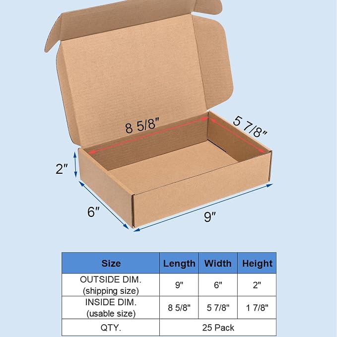 Wowxyz Shipping Boxes 9x6x2" 25 Pack Brown Corrugated Cardboard Box | 3 Layers, Kraft Medium Literature Mailer Packaging Supplies, Mailing Box for Small Business