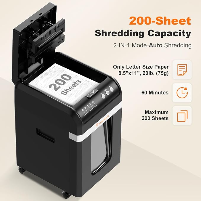 Bonsaii 200-Sheet Auto Feed Micro Cut Heavy Duty Paper Shredder for Office | 60-Min Nonstop Run, P4 High Security, Anti-Jam, 58dB Ultra-quiet, 8.1-Gal Bin with Casters, Large Commercial Shredder C283-A