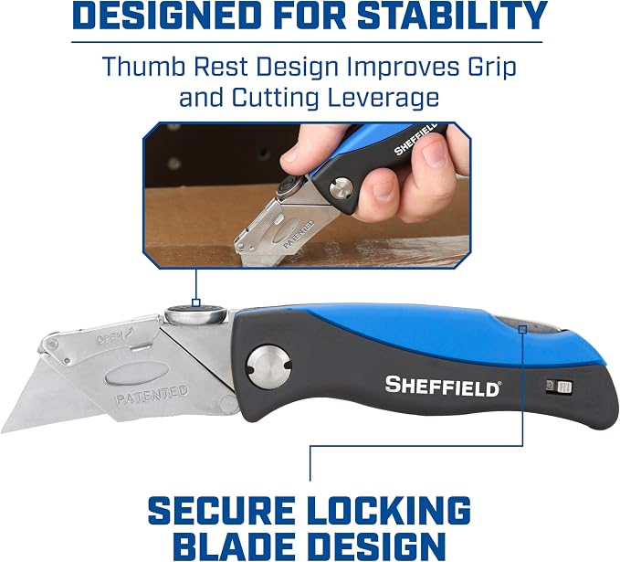 Sheffield 12119 Utility Knife & 5 Utility Knife Blade Storage Compartment | Utility Knife Accepts Standard Utility Blades For Home, Office, Trades, and Warehouse
