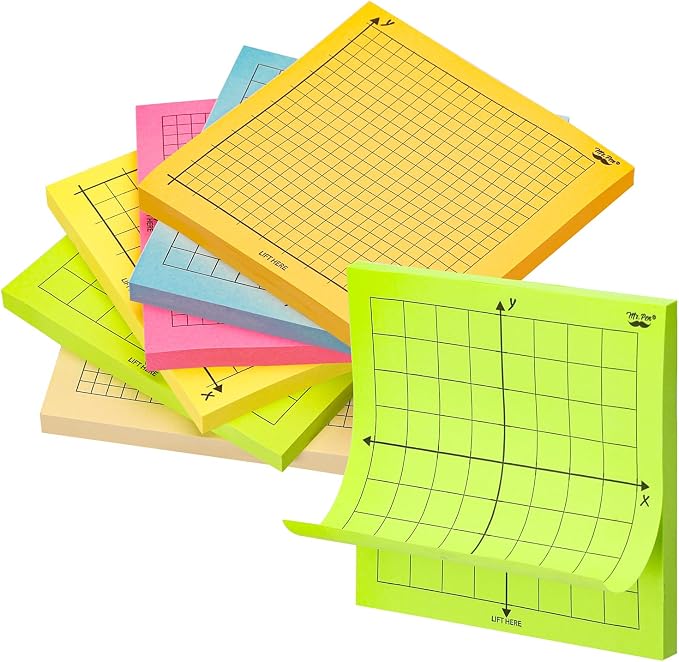 Mr. Pen- Graph Sticky Notes, 3x3 Inch, 6 Pads, 50 Sheets/Pad, 300 Sheets | 6 Grid Designs, Bright Colors, Square Graph Paper Notes, Grid Sticky Note Pads for Math, Study, Journals, Planners