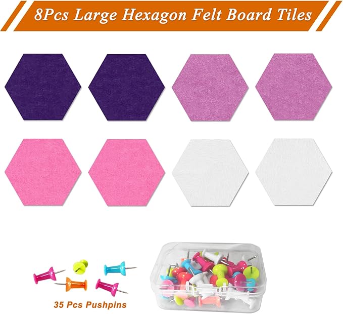 Large Hexagon Felt Cork Board Tiles, Self Adhesive DIY Felt Bulletin Board Pin Board with 35 Pushpins for Office School Home Wall Decor(Purple+Light Purple+Pink)