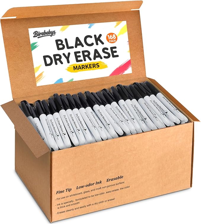 168 Count Dry Erase Markers Bulk, Fine Tip Whiteboard Markers, Black | Low Odor Ink, Quick-Dry, Non-Toxic, Smooth Writing, Office, Classroom, Back to School Supplies