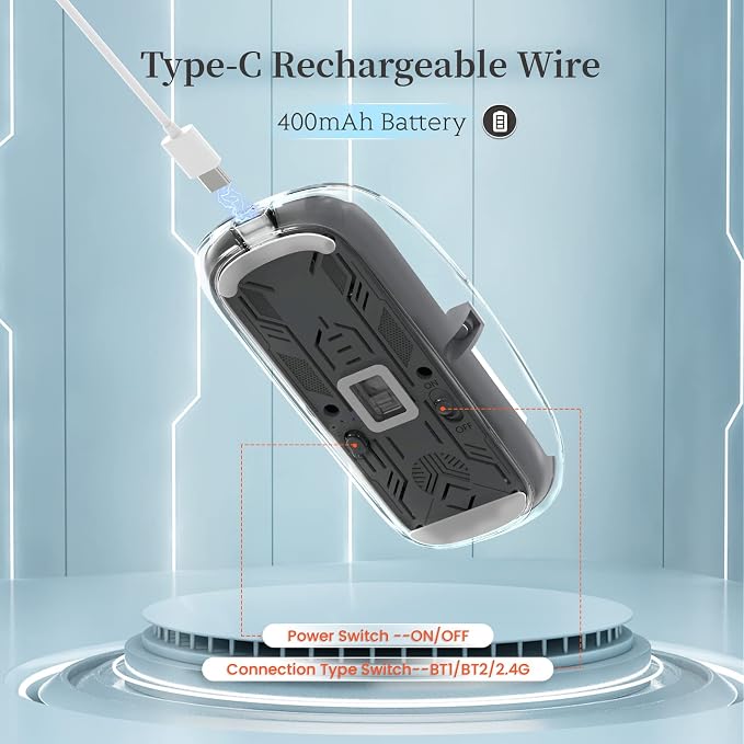 AJAZZ Wireless Bluetooth5.1&2.4G Mini Lightweight Mouse,Transparent Clear Cool,Rechargeable Silent Computer Mice,Nano USB C Receiver,LED Battery Magic Silm for Office/PC/Mac/Laptop/Apple/ipad(Grey)