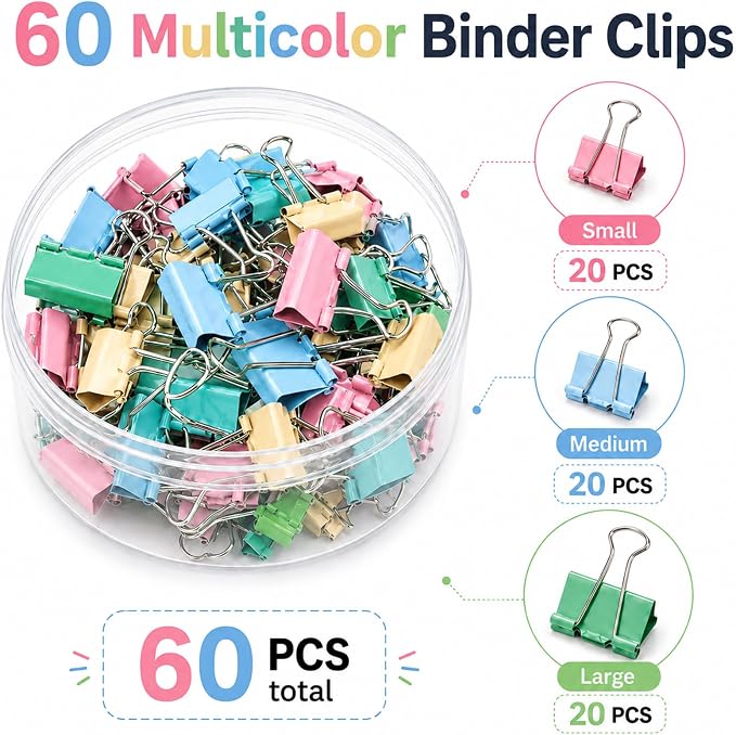 Binder Clips Assorted Sized, Metal Clips for Office, 60 Psc | 1 Box of Colored Paper clips and Binder Clips, Cute Office Supplies, Desk Accessories, Black, Colorful